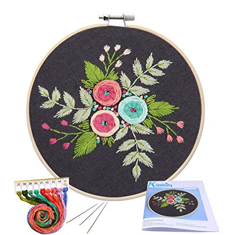 Full Range of Embroidery Starter Kit with Pattern, Kissbuty Cross Stitch Kit Including Embroidery Cloth with Floral Pattern, Bamboo Embroidery Hoop, Color Threads and Tools Kit (Black Flower)