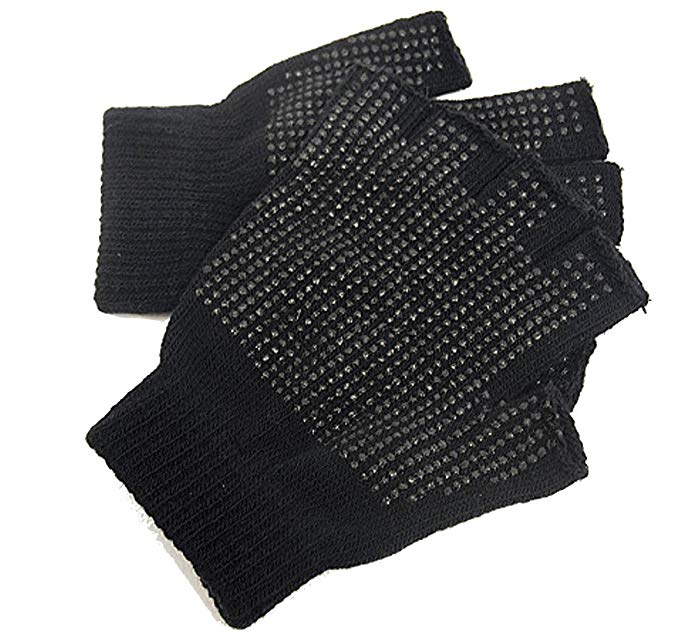 2 x Pairs Adults Black Fingerless Gripper Gloves - One Size, men or women