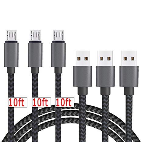 Micro USB Cable,[10ft3Pack]by Ailun,High Speed 2.0 USB A Male to Micro USB Sync & Charging Nylon Braided Cable for Smartphone Tablets Wall and Car Charger Connection[Silver&blackgrey]