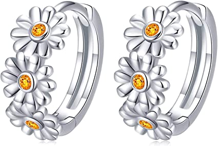 925 Sterling Silver Daisy Small Hoops Earrings, Hypoallergenic Huggie Earrings for Sensitive Ears, Daisy Sunflower Jewelry Mother Day Birthday Gift for Women Daughter Girlfriend with Gift Box