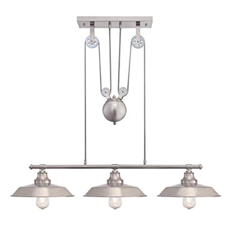 Westinghouse Lighting 6369900 Iron Hill Three-Light Indoor Island Pulley Pendant Light, Brushed Nickel Finish