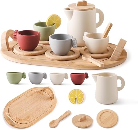 Wooden Tea Set for Little Girls, Tea Party Set with Silicone Teapot Cups Carrying Tray Scoop Kids Kitchen Accessories Pretend Play Toddler Gift