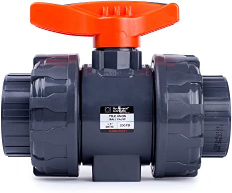 HYDROSEAL Kaplan PVC 1 1/2" True Union Ball Valve with Full Port, ASTM F1970, EPDM O-Rings and Reversible PTFE Seats, Rated at 200 PSI @73F, Gray, 1 1/2 inch Socket (1 1/2")
