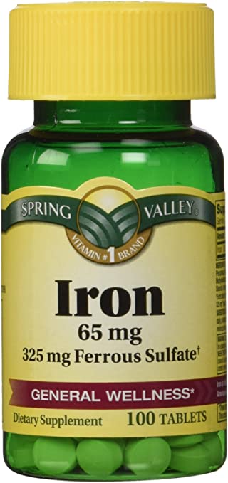 Spring Valley - Iron 65 mg, 200 Tablets - Equivalent to 325 mg Ferrous Sulfate, Twin Pack