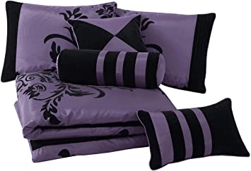 Chezmoi Collection Nobility-Com 7-Piece Black Violet Flocked Floral Faux Silk Bedding Comforter Set (King)