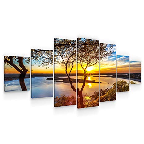 STARTONIGHT Huge Canvas Wall Art - Sunrise On The Lake Large Framed Set of 7 40 x 95 Inches