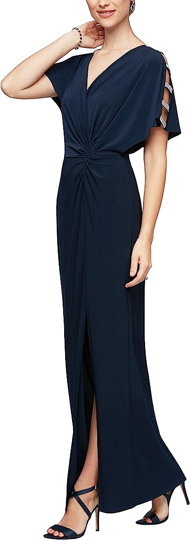 Alex Evenings Women's Long Knot Front Dress with Embellished Short Sleeve