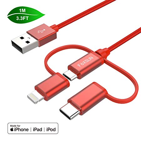 [Apple MFI Certified] Multi USB Charger Cable Nylon Braided , Foxsun 3.3ft/1m Lightning Cable Micro USB Cable USB Type C Cable 3 in 1 Multi Charging Cable Cord for iPhone X 8 7 7 Plus 6s 6s Plus 6 6 Plus 5s 5, iPad, iPod, Samsung S8 S7 S6 S5 and Android Smartphone (Red)