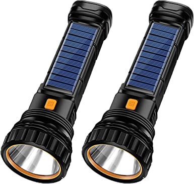 2pcs Solar/Rechargeable Multi Function 1000 Lumens LED Flashlight, with Emergency Strobe Light and 1200 Mah Battery, Emergency Power Supply and USB Charging Cable, Fast Charging (2PC)