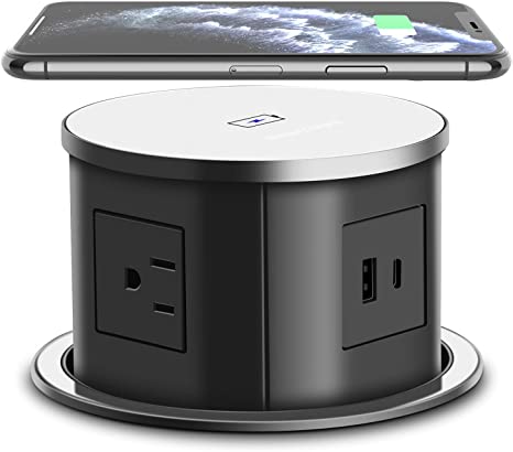 4.7inch Hole Automatic Pop Up Outlet Socket Retractable Hidden Recessed Power Strip Socket with Wireless Charger USB Charging Station, 4US Plug 1USB-A 1USBC for Office Conference Kitchen