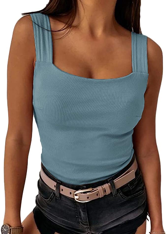 Ivay Womens Sexy Low Cut Square Neck Tank Top Casual Thick Strap Summer Solid Top