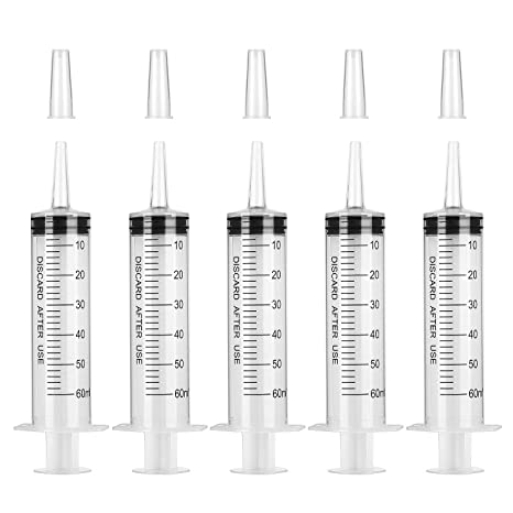 Hyber&Cara Syringes 60ml (50ml), 5 Pcs Plastic Syringe with Catheter Tip for Scientific Labs, Liquid Measuring & Dispensing, Animal Feeding, Plant Watering