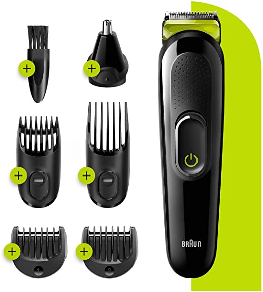 Braun 6-in-1 All-in-one Trimmer 3 MGK3221, Beard Trimmer for Men, Hair Clipper and Face Trimmer with Lifetime Sharp Blades, Ear & Nose Trimmer Head, 5 Attachments, Black/Volt Green, UK Two Pin Plug