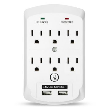 Yubi Power 6 Outlet Power Plug Surge Protector Wall Tap with 2 USB Ports 2.1A 300 Joules - White - ETL Listed