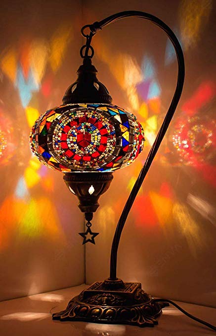 (18 Variations) Newest CopperBull 2018 Turkish Moroccan Tiffany Style Handmade Mosaic Table Desk Bedside Night Swan Neck Lamp Light Lampshade, 42cm (14)