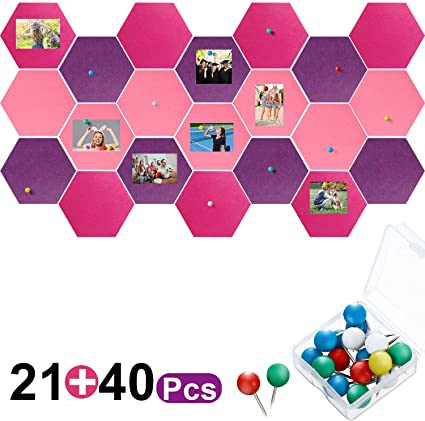21 Pieces Pin Board Hexagon Felt Board Tiles Bulletin Board Memo Board Notice Board with 40 Pieces Push Pins for Home Office Classroom Wall Decor 5.9 x 7 Inches/ 15 x 17.7 cm (Rose Red, Purple, Pink)