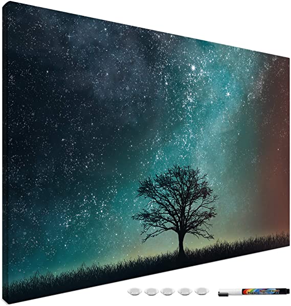 Navaris Magnetic Dry Erase Board - 24 x 36 inches Decorative White Board for Wall with Printed Design, Includes 5 Magnets and Marker - Starry Sky