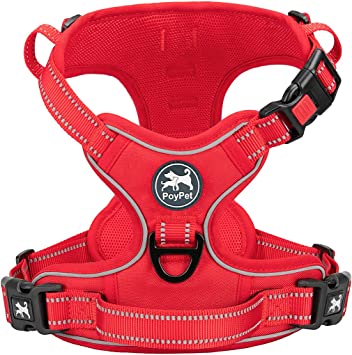 PoyPet No Pull Dog Harness, No Choke Reflective Dog Vest, Adjustable Pet Harnesses with Easy Control Padded Handle for Small Medium Large Dogs(Red Matching Trim,XS)