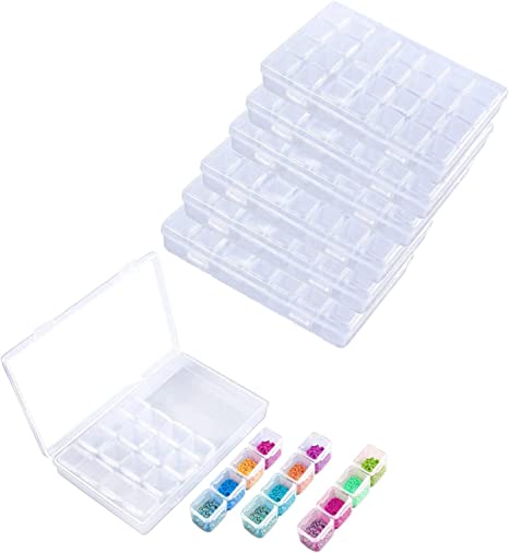 Diamond Embroidery Box, FOME 6 Pack Clear Diamond Painting Storage Box Containers Each with 28 Mini Compartments Grids Mosaic Kits Accessories Storage Box and Cross Stitch Tools for DIY Art Craft