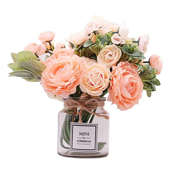 Missblue Artificial Rose Flowers with Vase,Fake Silk Daisies Dahlia Bouquet with Glass Jar Home Rope for Wedding Proposal Bride Home Decoration and The Best Gift (Peach)