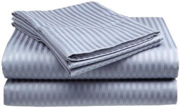 Twin Size 400 Thread Count 100% Cotton Sateen Dobby Stripe Sheet Set -Light Blue