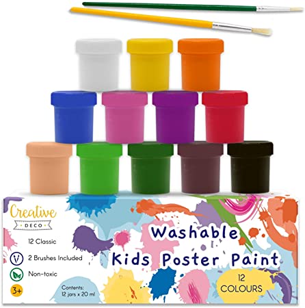 Creative Deco Washable Kids Poster Paint Set | 20 ml x 12 Multi-Colour Cups | Non-Toxic | Basic, Vibrant and Intense Colours | Perfect for Beginners Children Students & Artists