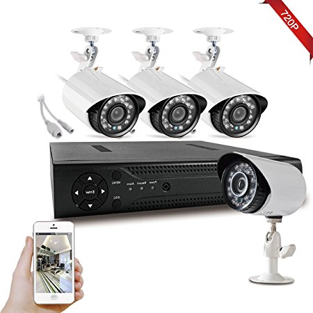 Hi-Tech 720p Home Security Camera System (4) 1.0MP Surveillance Cameras and (1) 4 Channel AHD-DVR with 65ft Night Vision, Motion Detection and App Remote Control