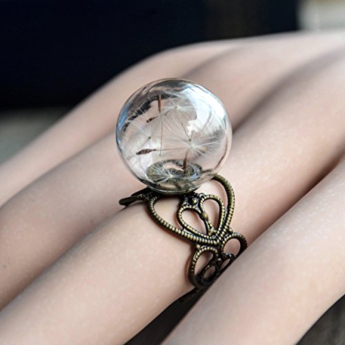 Dandelion Seed Wish Real Flower Glass Ball Heart Copper Open Resizable Rings