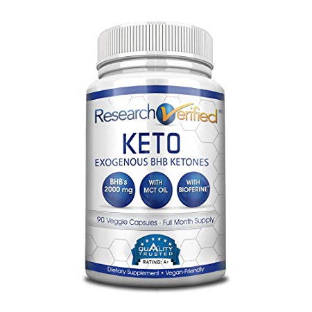 Research Verified Keto - Vegan Keto Supplement with 4 Exogenous Ketone Salts (Calcium, Sodium, Magnesium and Potassium) and MCT Oil to Boost Energy, Weight Loss and Focus in Ketosis - 1 Bottle
