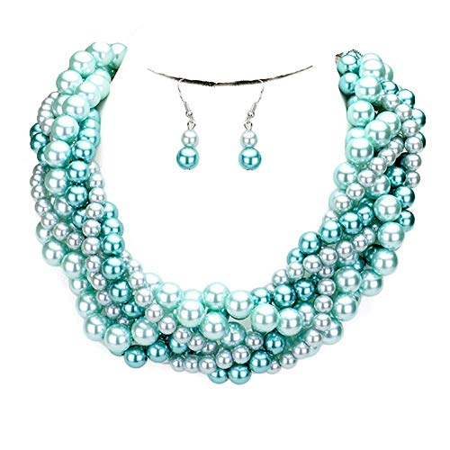Fashion 21 Women's Simulated Faux Braided, Twist Multi-Strand Pearl Statement Collar Necklace and Earrings Set