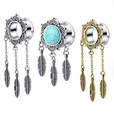 TIANCI FBYJS 3 Pairs Dangle Plugs Woman Turquoise Earrings Gauges Ear Tunnel Stretching Kit Tapers Plug Eyelets 2g-00g Piercing Tunnels