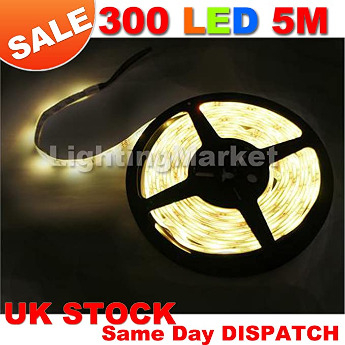 Waterproof Warm White Dimmable 5M (16.4ft) 300 LED Strip Light Flexible Tape 5 Metres with 300 SMD LEDs DC 12V