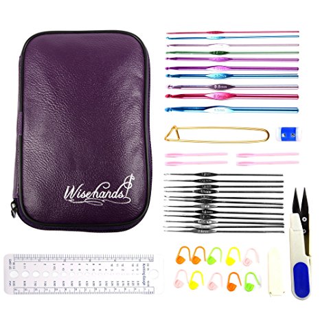 Wisehands Crochet Set 22pcs Hooks in Purple Case Sewing Kits Complete with Scissors, Stitch Markers, Gauge Measure, Yarn Needles, 4.5" Safety Pin, 2 Row Counters