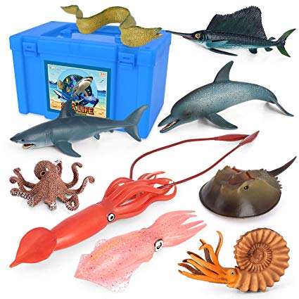 Volnau Sea Creature Toys 9PCS Pacific Ocean Sea Animal Figurines Shark Toys for Toddlers Kids Christmas Birthday Gift Plastic Fish Toys Preschool Pack and Bath Dolphin Sets