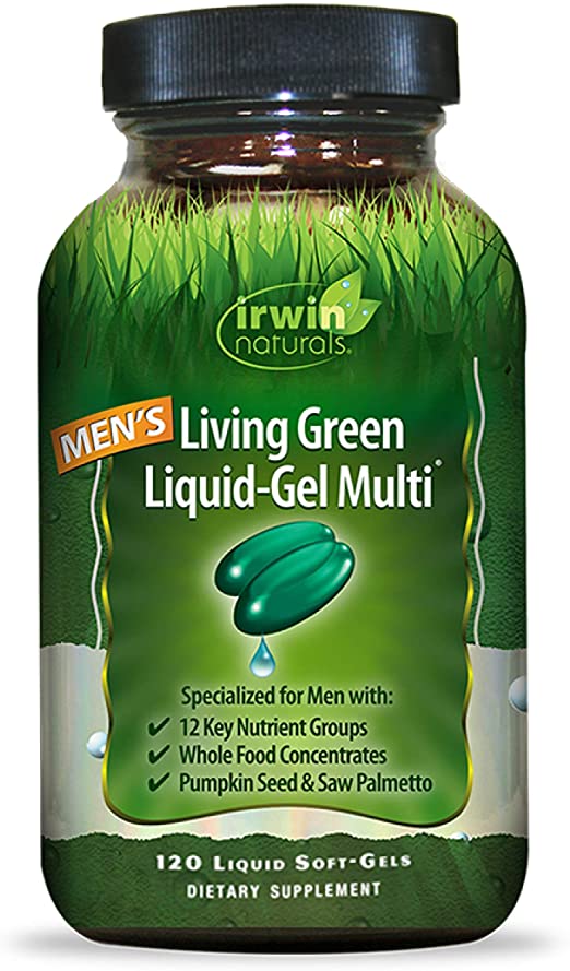 Irwin Naturals Men's Living Green Liquid-Gel Multi - 70 Essential Nutrients, Full-Spectrum Vitamins, Wholefood Blend - Targeted Adrenal & Brain Support - 120 Liquid Softgels