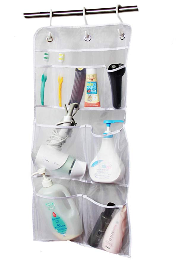 Misslo Hanging Waterproof Mesh Pockets Hold 340oz/1000ml Shampoo Shower Organiser with Over the Door Hooks, White