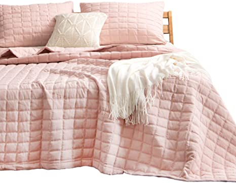 KASENTEX Quilt-Bedding-Coverlet-Blanket-Set, Machine Washable, Ultra Soft, Lightweight, Stone-Washed, Detailed Stitching - Hypoallergenic - Solid Color (Blush Pink, King   2 King Shams)