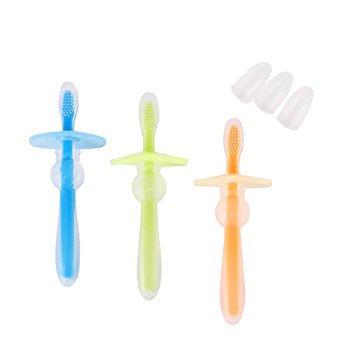 UINSTONE Baby Toothbrush #With removable SAFETY plate and brush-cover #Silicone #Free of BPA and Phthalates #Pack of 3 (blue/orange/green)