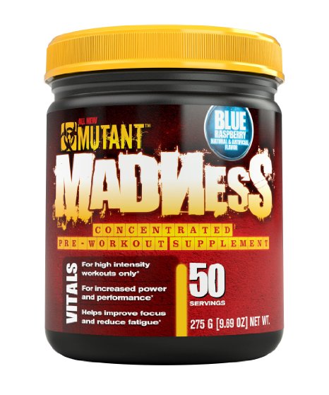 Mutant MADNESS Pre Workout, Engineered for High Intensity Workouts with 5-Caffeine Source Blend, Blue Raspberry, 50 Servings