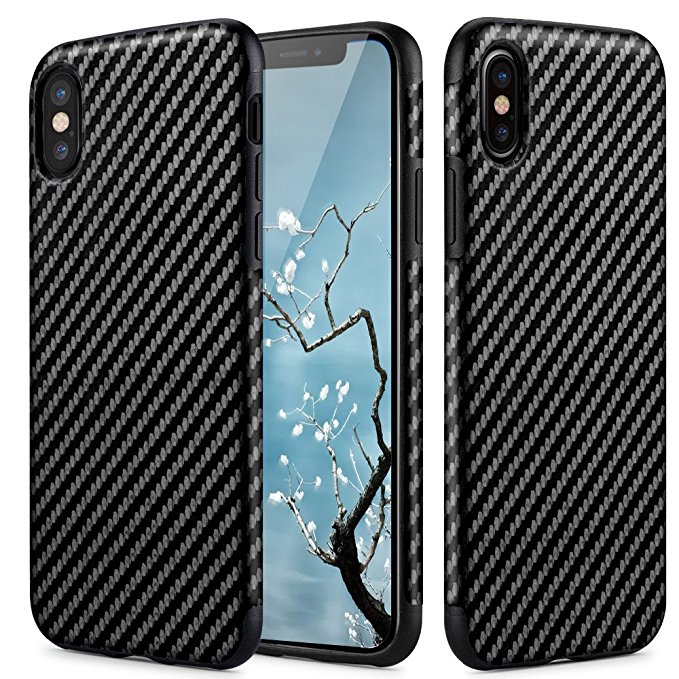 iPhone X Case, [Carbon Fiber] - [Light Thin Cover] [Non Slip] [Fingerprint Free] Drop Protection Case Cover For Apple iPhone X - Black