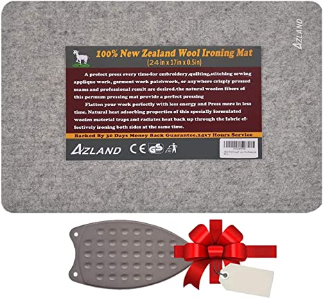 Azland Wool Pressing Mat for Quilting 17" x 24", 100% New Zealand Wool Ironing Mat, Felted Iron Board for Quilters, Sewing, Patchwork, Seams and Crafts with Silicone Iron Rest Pad