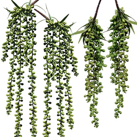 Supla 4 Pcs 2 Size Artificial String of Pearl Hanging Spray in Green Artificial Succulent Plants Hanging Bean Leaf Picks Hanging String of Pearls Plant Fake Succulent String of Pearls