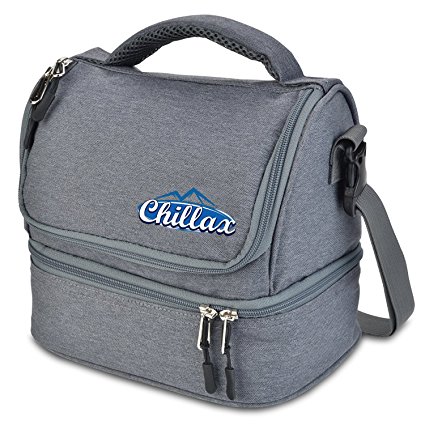 Premium Insulated Lunch Bag by Chillax - Dual Compartments Design Perfect for School , Adults, and Kids - Great Bento Lunch Box For Hot or Cold Food - Gray