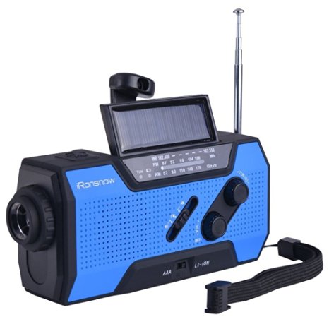 iRonsnow® IS-090 Solar Hand Crank AM/FM/NOAA/WB Weather Radio, Self-Powered Dynamo 2000mAh Emergency Power Bank for iPhone/Android Phone, 1W LED flashlight 2W Reading Lamp, AAA Battery Charged (Blue)