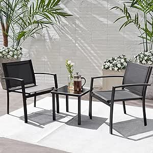 Flamaker Patio Chairs 3 Piece Outdoor Textilene Fabric Bistro Conversation Set with Side Table All Weather Porch Furniture for Balcony, Poolside, Lawn (Black)