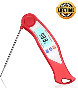 Digital Instant Read Meat Thermometer- Kitchen Cooking Food Candy Thermometer -with Folding Probe and Calibration for Cooking Oil Deep Fry BBQ Grill Smoker Oven, Red
