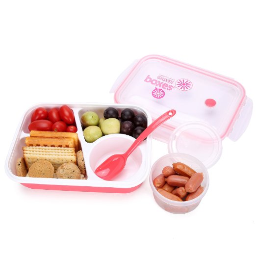Bento Box Lunch Box 3-compartment 1-bowl 4 in 1 1- Spoon - Silicone Leakproof Healthy Lunch Boxes for Kids Adults - Food Grade Plastic Containers Crisper - Special Smart Valve Microwave-safe Red