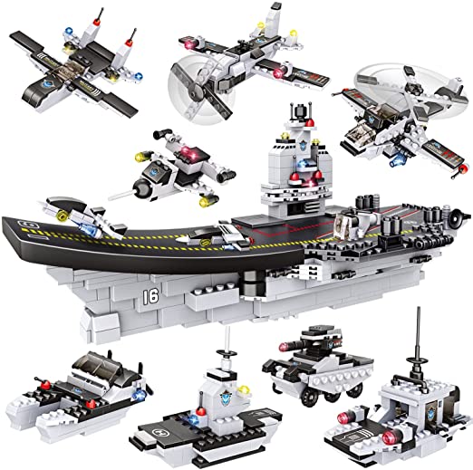 1320 Pieces City Aircraft Carrier Building Blocks Set, Military Battleship Model Building Toy Kit with Army Car, Helicopter & Boat, Storage Box with Baseplate Lid, Present Gift for Boys Girls 6-12