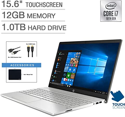 HP Pavilion 15.6" FHD IPS Micro-Edge Touchscreen WLED-Backlit Laptop, Intel Quad-Core i7-1065G7 up to 3.9GHz, 12GB DDR4, 1TB HDD, Backlit Keyboard, Bluetooth, Webcam, Windows 10 with Accessory Bundle