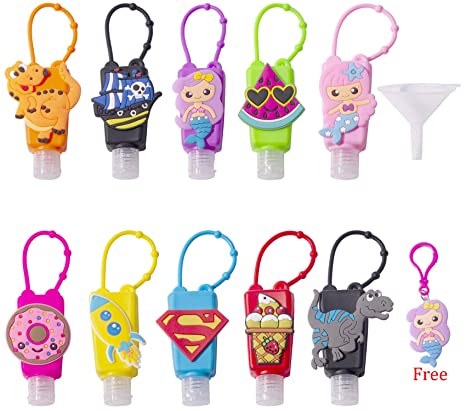 10pcs 1oz 30ml Empty Kids Hand Sanitizer Silicone Cartoon Travel Bottle Holders Keychain Carrier Travel Size With Silicone Case Leak-proof Refillable Container Liquid soap, Lotion